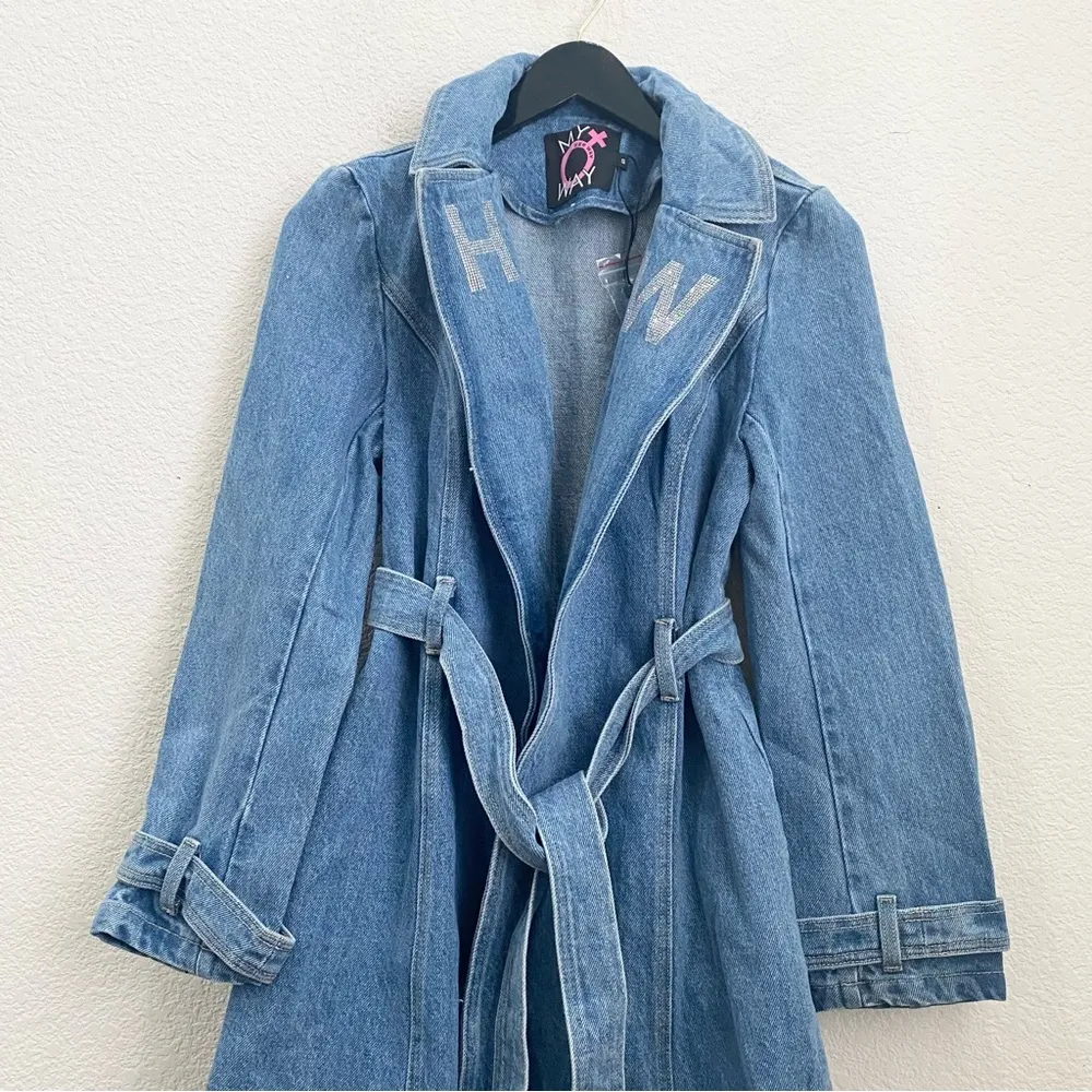 MY WAY HER WAY Denim Jean Wrap Belted Long Trench Jacket Outer Wear Size S NWOT Blue - Image 8