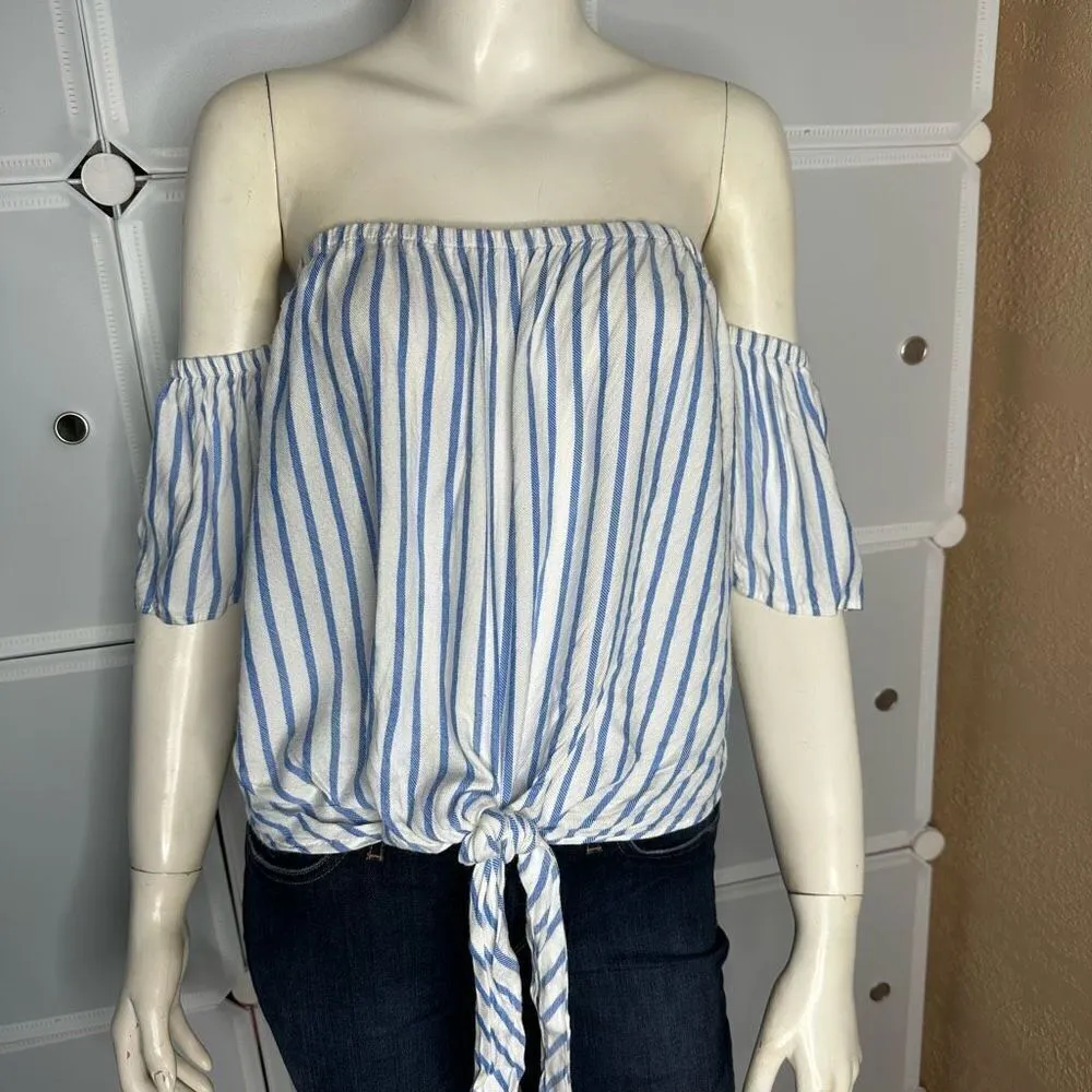 Vici Womens White & Blue Striped Off The Shoulder Tie Waist Top Size Large - Image 10