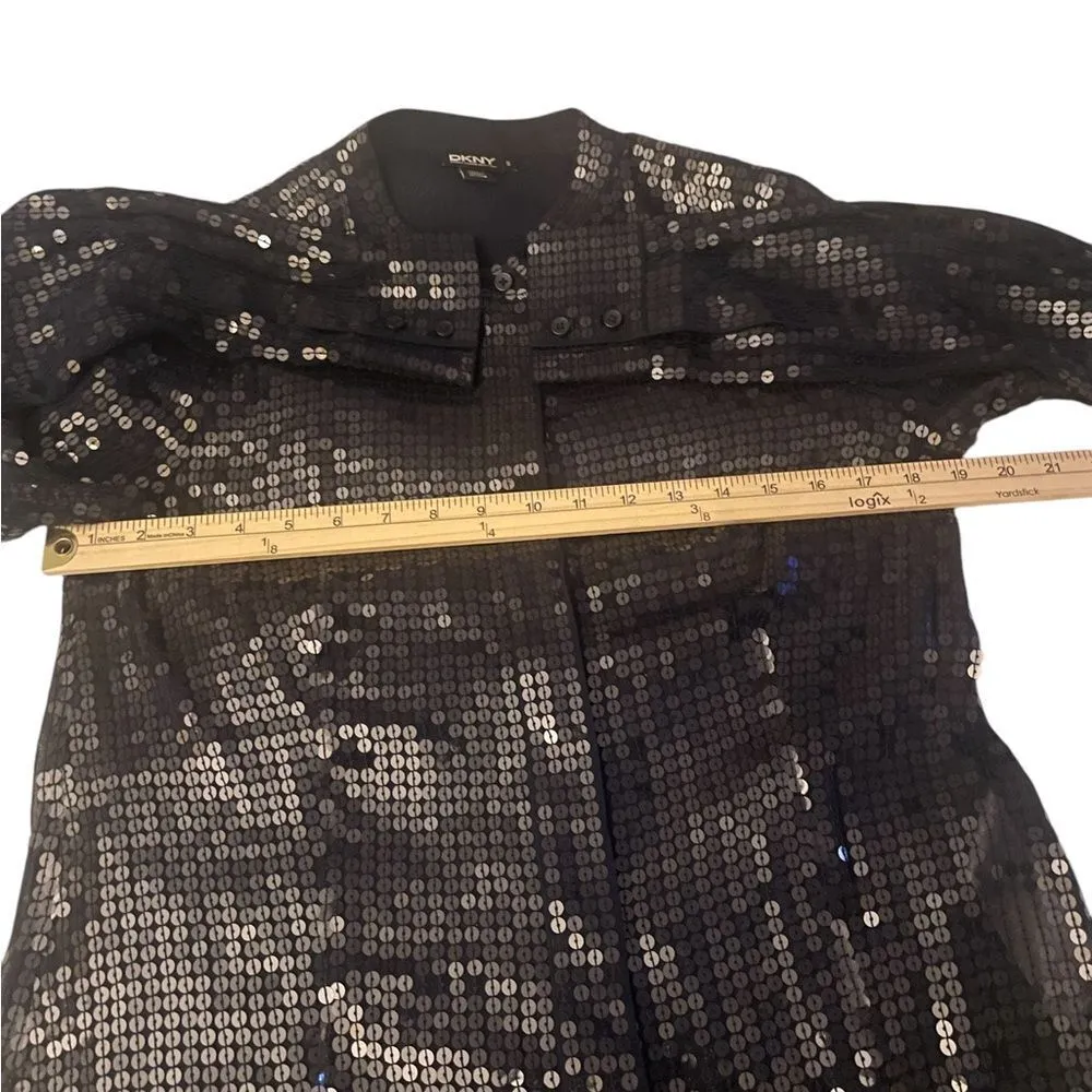 DKNY Sequin Long Sleeve Sheer Silk Blend Blouse Blue Size S - Image 10