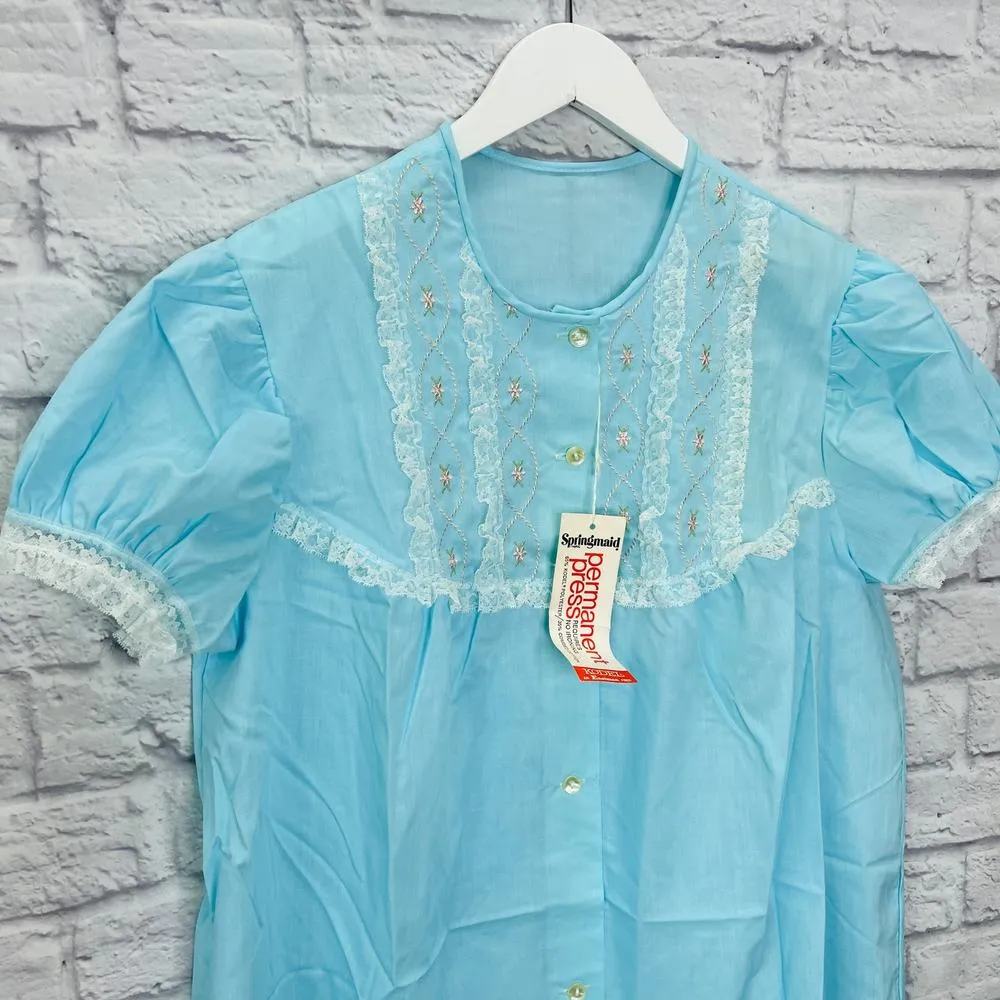 Vintage Springmaid 60s Nightgown Robe Size L Blue Short Sleeve Ruffle New Size L - Image 2