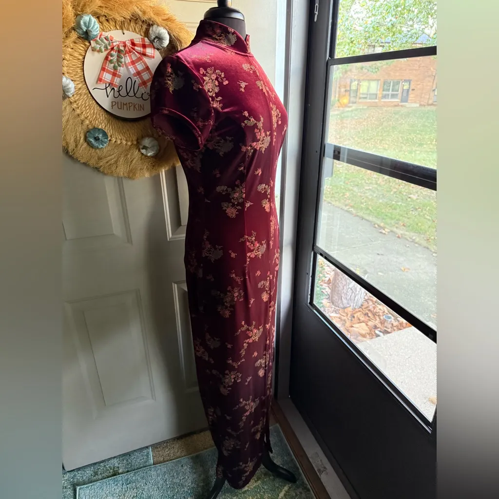 Vintage Scott McClintock mock neck Asian velvet column dress, size 8 Red - Image 5