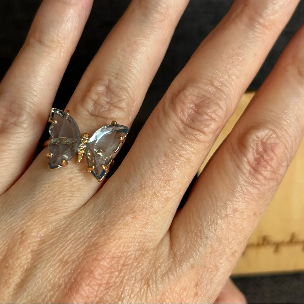 Pretty BLUE Butterfly Gemstone Fashion Ring, Gold, Adjustable - Image 15