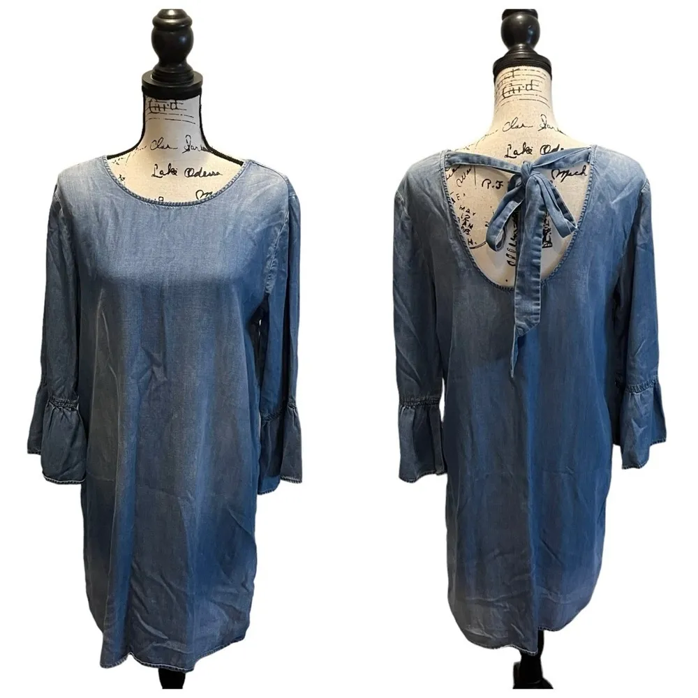 Anthropologie Cloth & Stone Denim Chambray Dress Blue Size Medium Bell Sleeves - Image 9