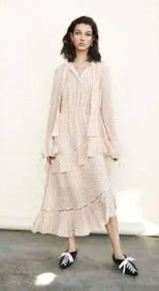 DEREK LAM 10 Crosby Cream Red Tiered Windowpane Asymmetrical Ruffle Dress Size 8 - Image 1
