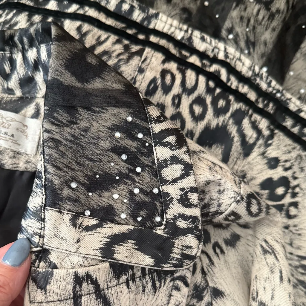 Vintage Leopard Print Jacket Belted Trench Coat Waxed Sequins XS S Small Tan - Image 5