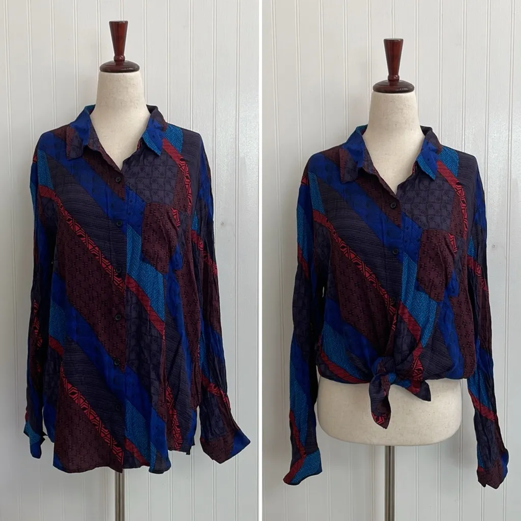 LORD & TAYLOR Multicolor Striped Geometric Long Sleeve Button Up Top Size L - Image 3