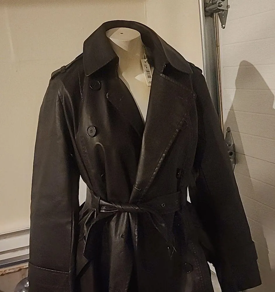 MAX STUDIOS FAUX LEATHER BROWN LONG DOUBLE BREASTED BELTED TRENCH COAT SIZE M - Image 2