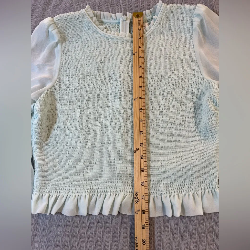 Aritzia Wilfred smocked chiffon blouse‎ size Large - light blue mint - Image 6