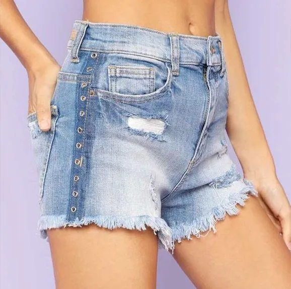 Distressed Denim High Rise Frayed Shorts Blue Size M - Image 2
