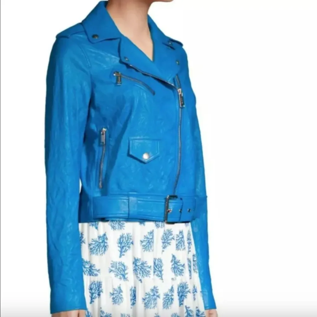 Michael Michael Kors Bright Blue Leather Belted Moto Jacket M Size M - Image 2