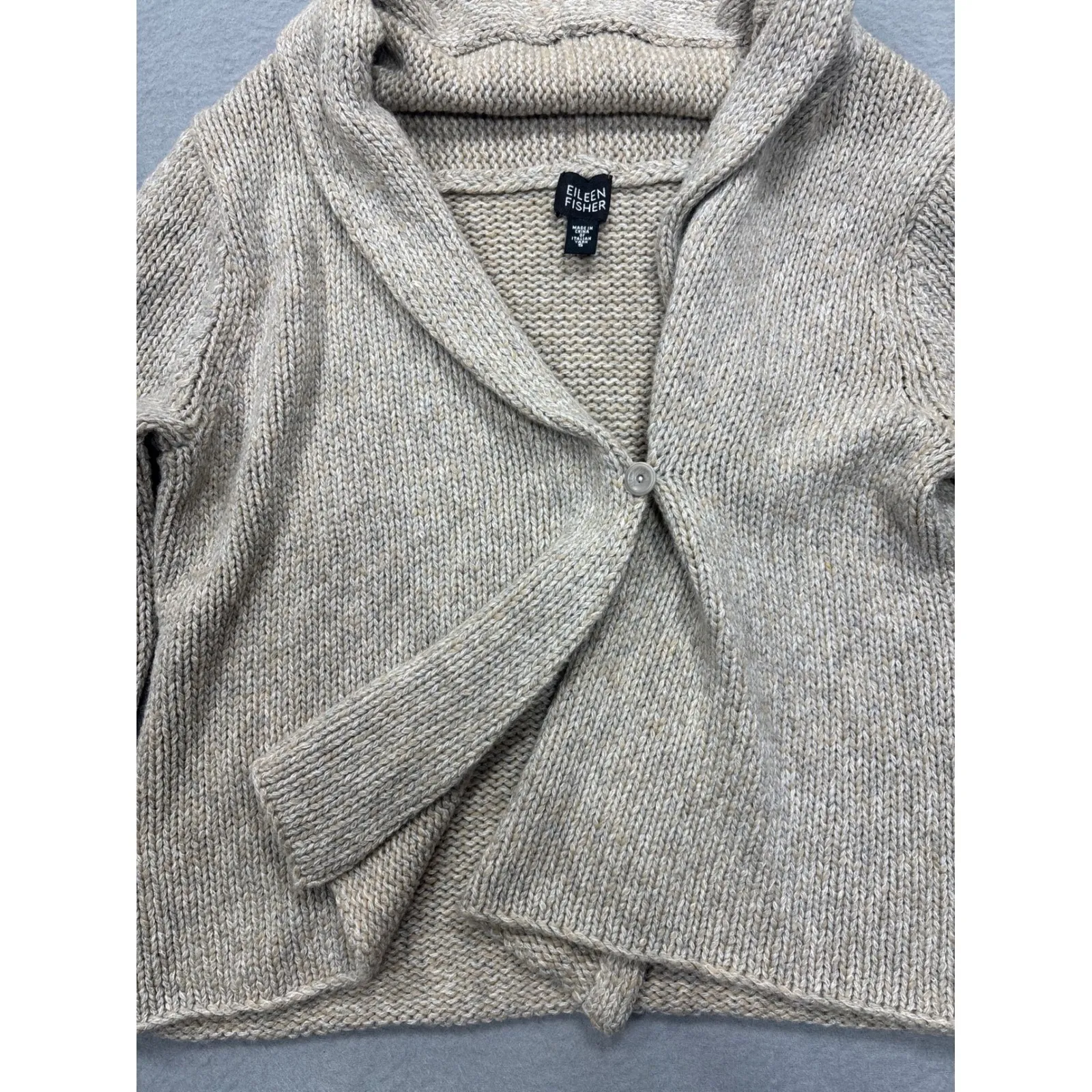 Eileen Fisher Shawl Collar Cardigan Sweater S Italian Yarn Cashmere Angora Beige - Image 4