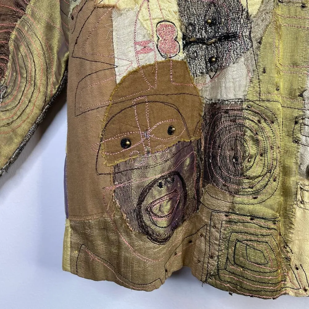 Vintage Y2K Sandy Starkman Silk Patchwork Tribal Abstract Faces Cropped Jacket L Brown Size L - Image 6