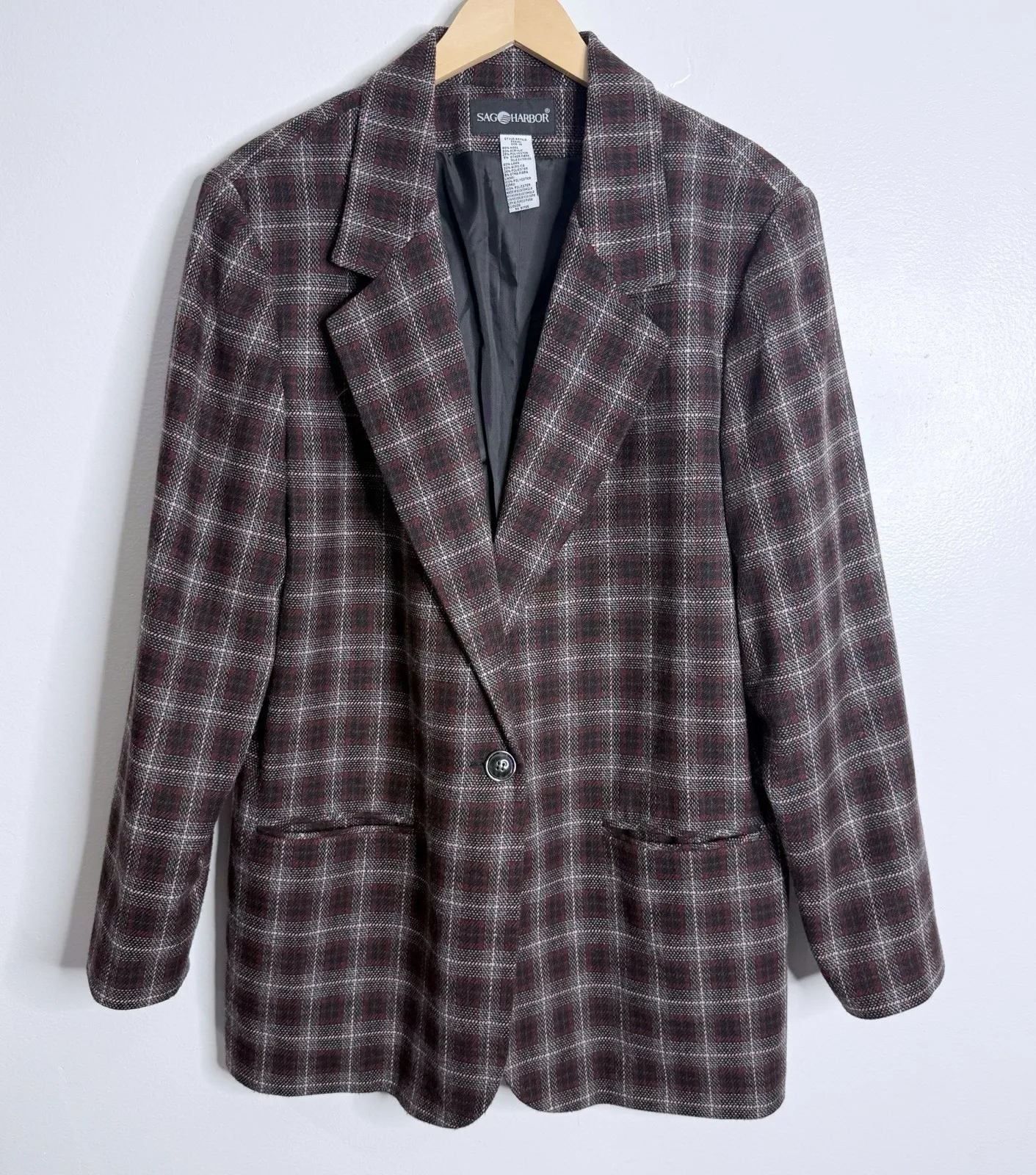 NWOT Sag Harbor Houndstooth Plaid Wool Blend Blazer Burgundy Black Size 18 - Image 1