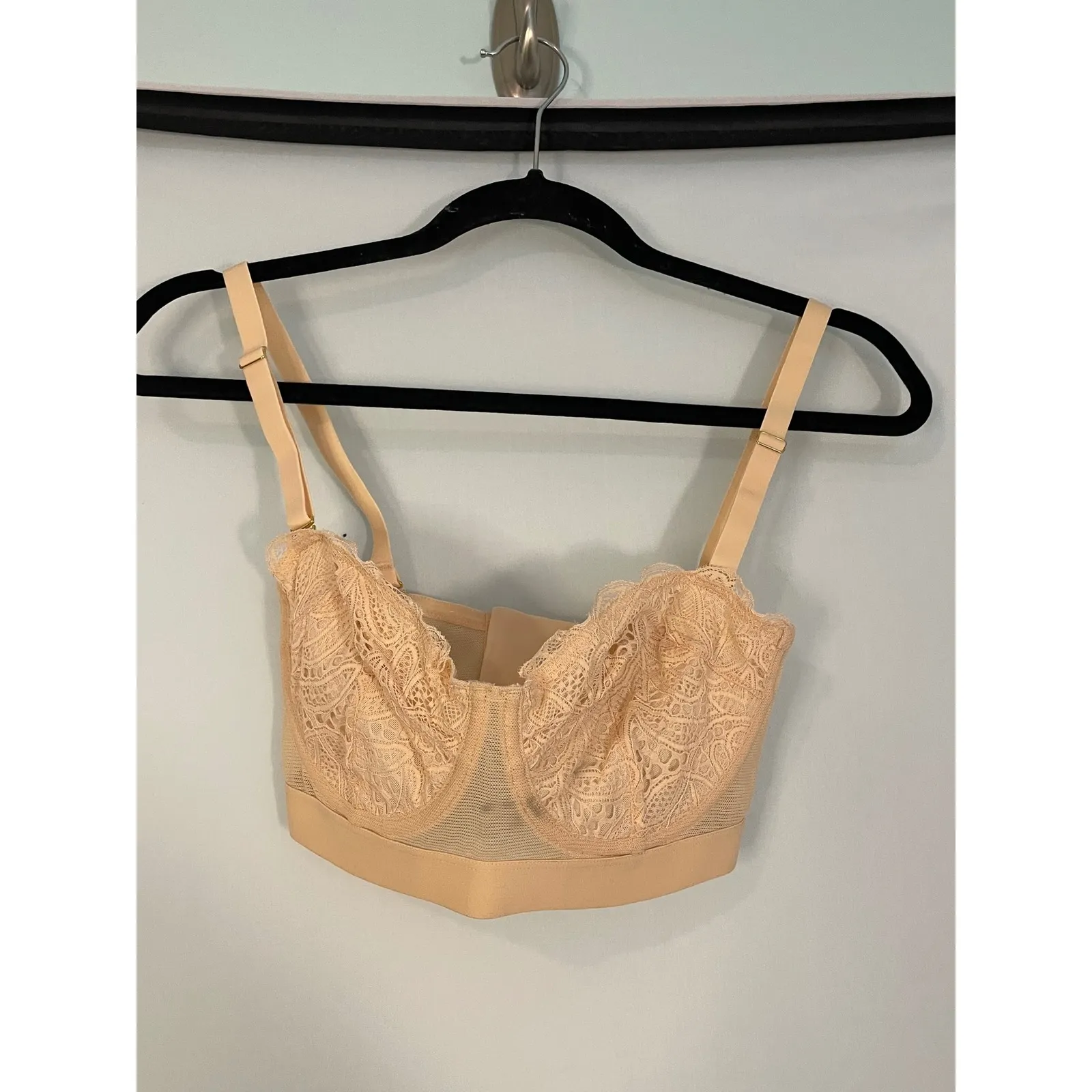 Sheer Lace Longline Bralette Beige Unlined Underwire Cups Adjustable 32DDD Straps Tan Size undefined - Image 8