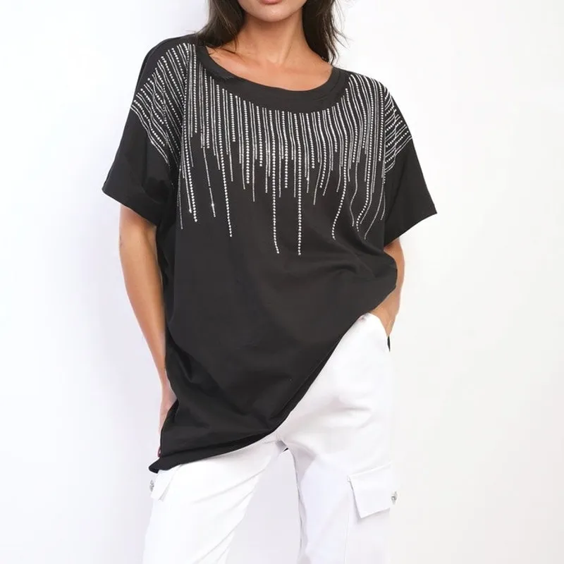 BaeVely NWOT Boutique Silver Sequin Embellished Black T - Image 2