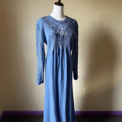 Vintage Blue‎ Lace Maxi Dress Boho Prairie Long Sleeve Made in USA Size S/M Blue Size M - Image 12