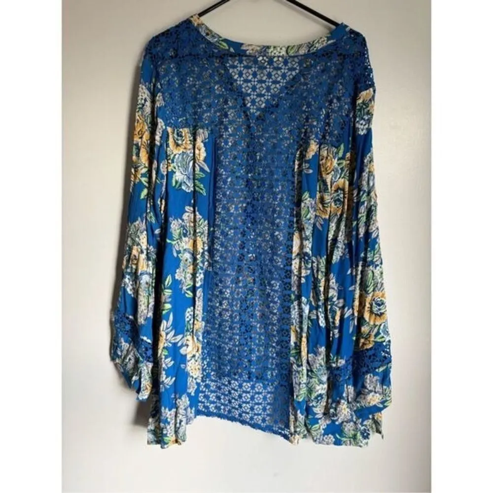 NEW ODDY blue floral crochet button front flowy tunic top sz 3X boho cottage lac - Image 6