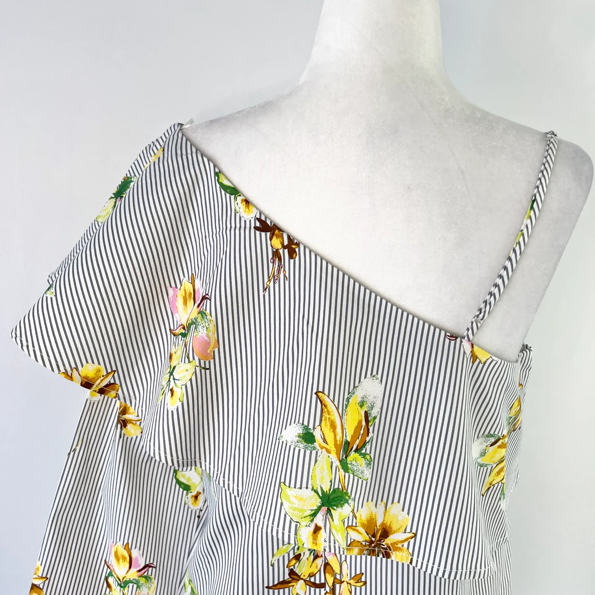 New  Floral Striped One Shoulder Long Sleeve Shirt Grey Multi - Image 9