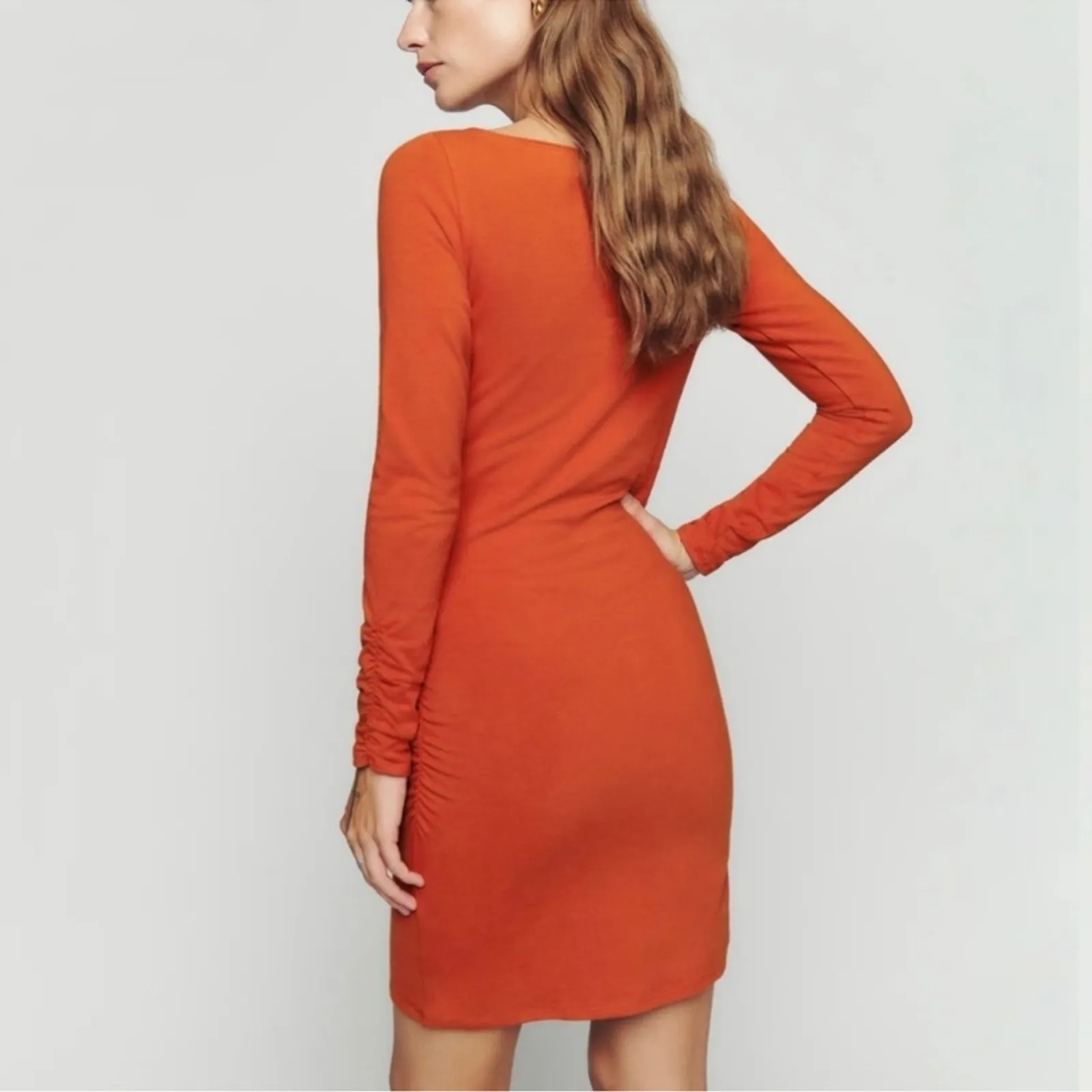 Reformation Women’s Lucio Blood Orange Long Sleeve Ruched Knit Mini Dress Size S - Image 5