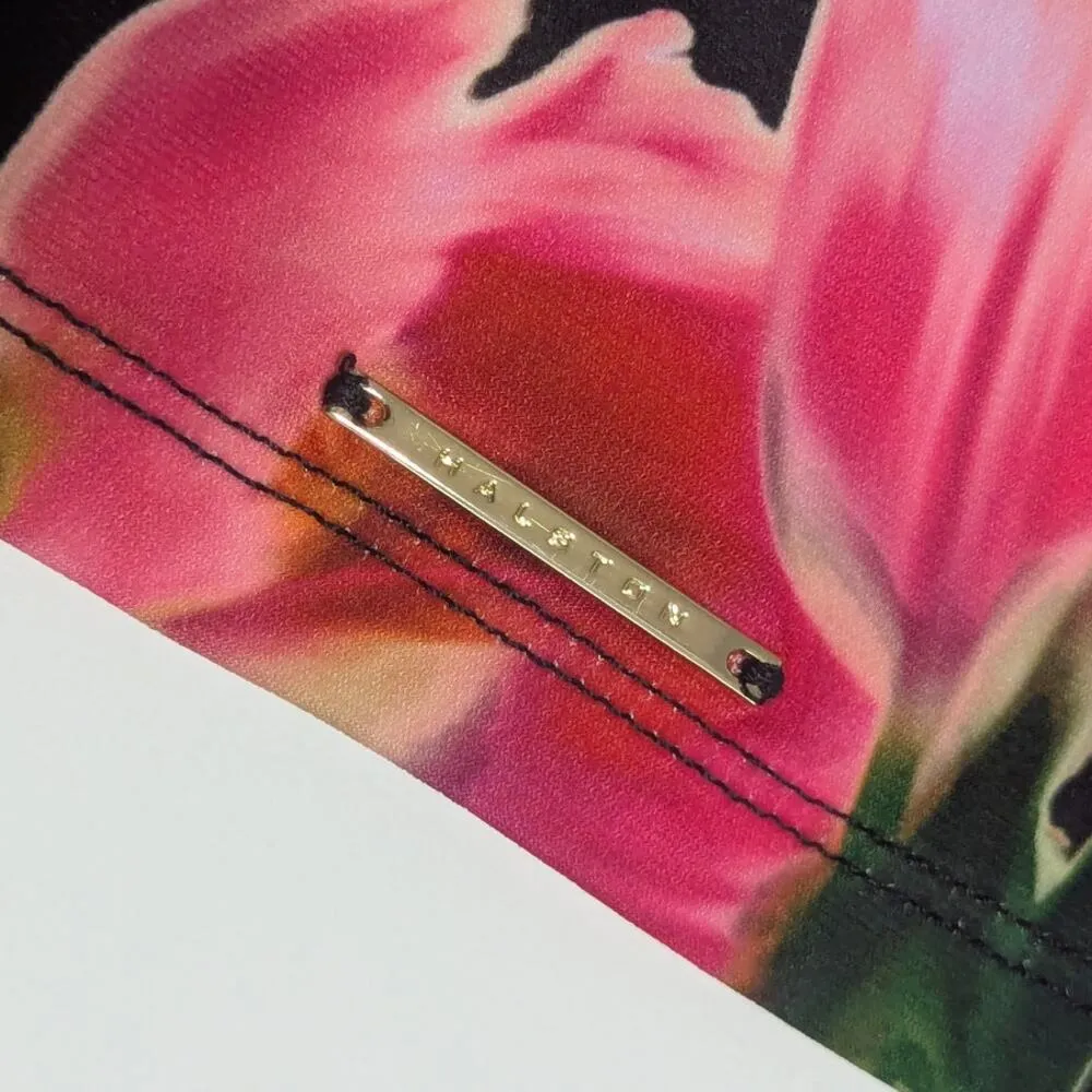 Halston Floral Printed Blouse Split Sleeve Mock Neck Short Sleeve Black Pink XL - Image 3