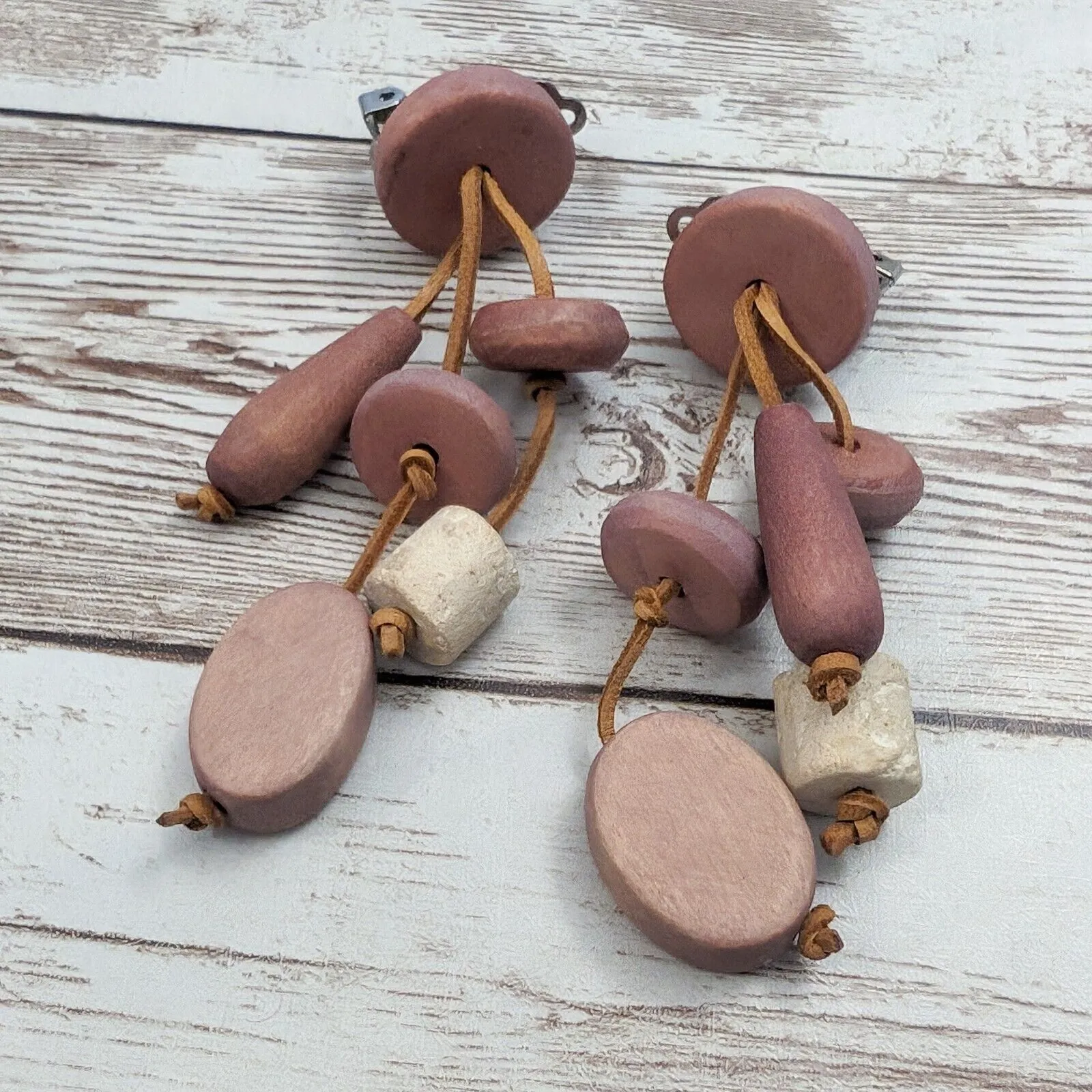 Vintage Clip On Earrings Dusky Pink Like Dangle Earrings 3 & 1/8" - Image 2