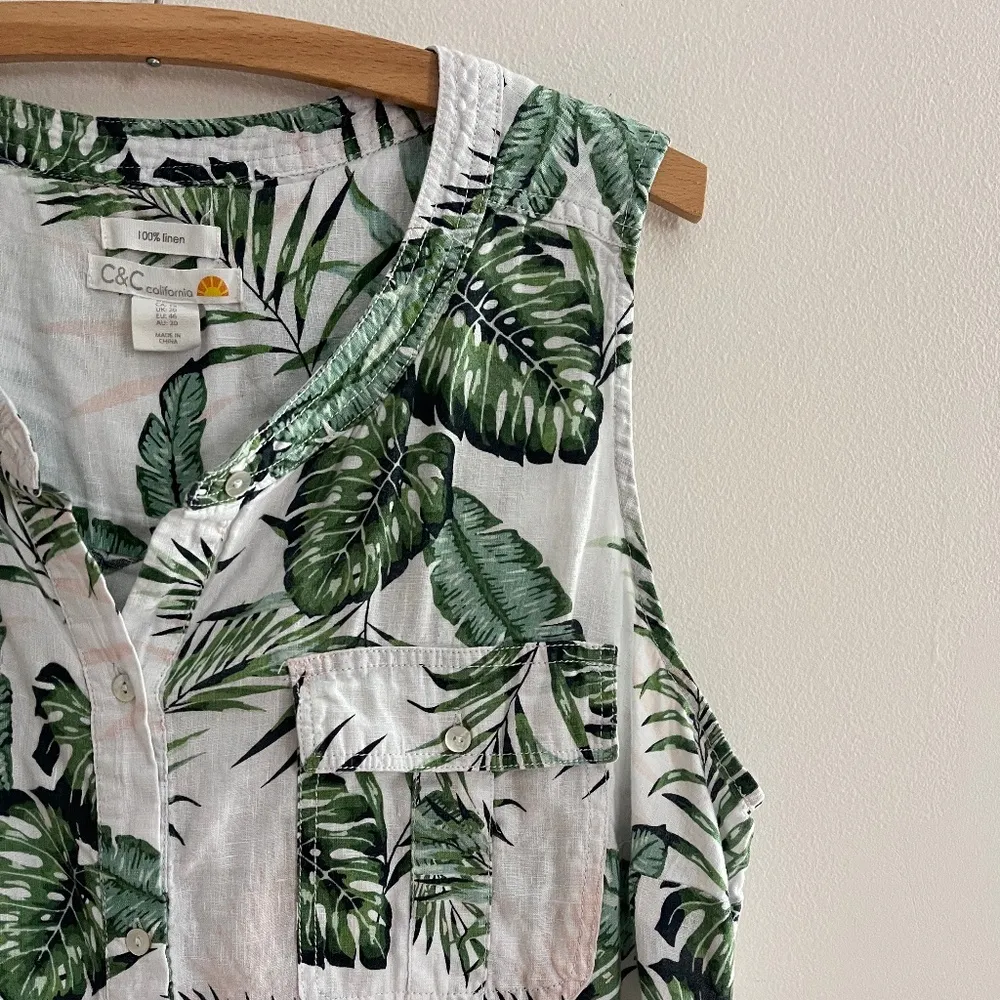 Sleeveless Button Front Palm Print Shirt 100% Linen XL Lagenlook - Image 3