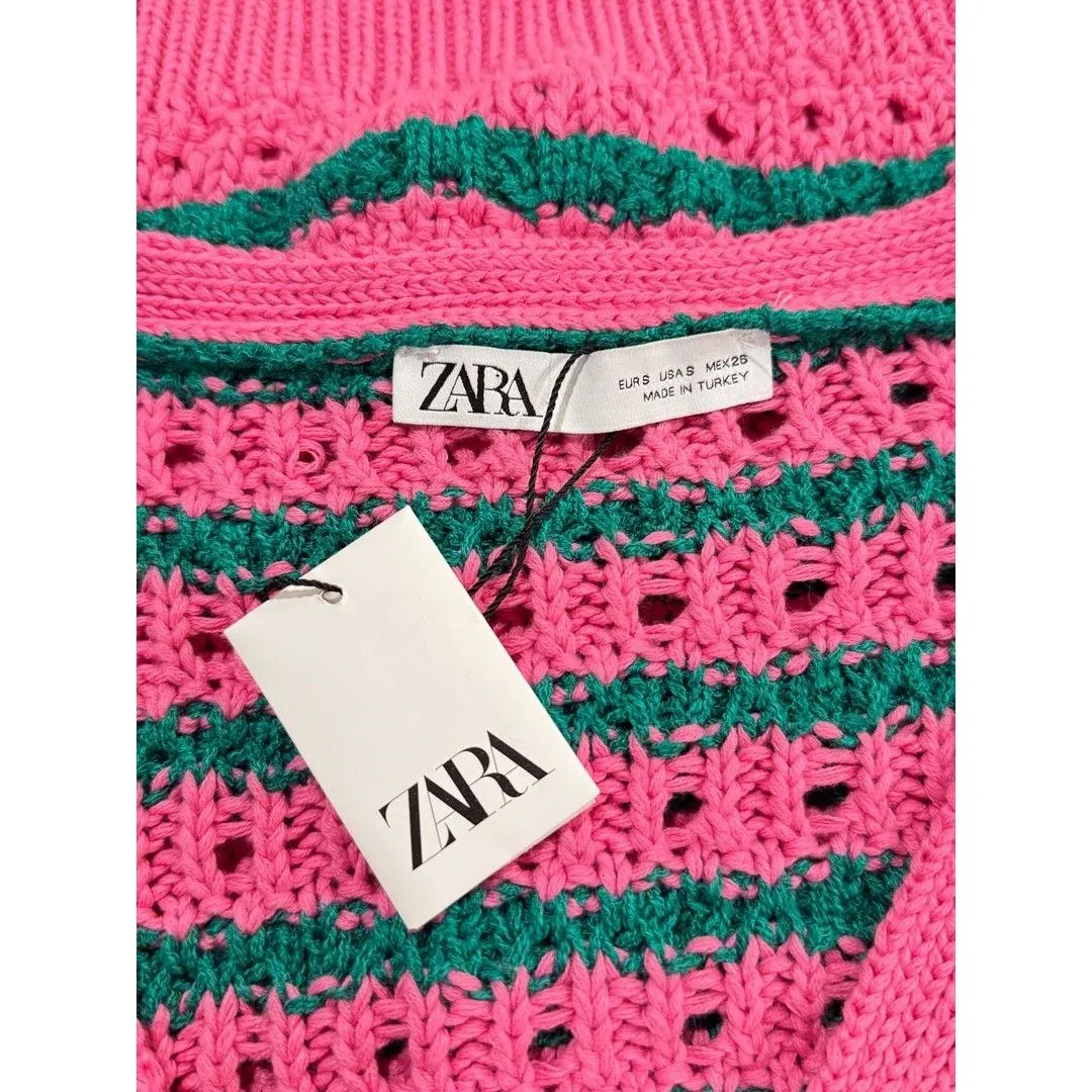 NWT ZARA Womens Cardigan Pink Striped V Neck Cropped Short Sleeve Sweater Small - Image 4
