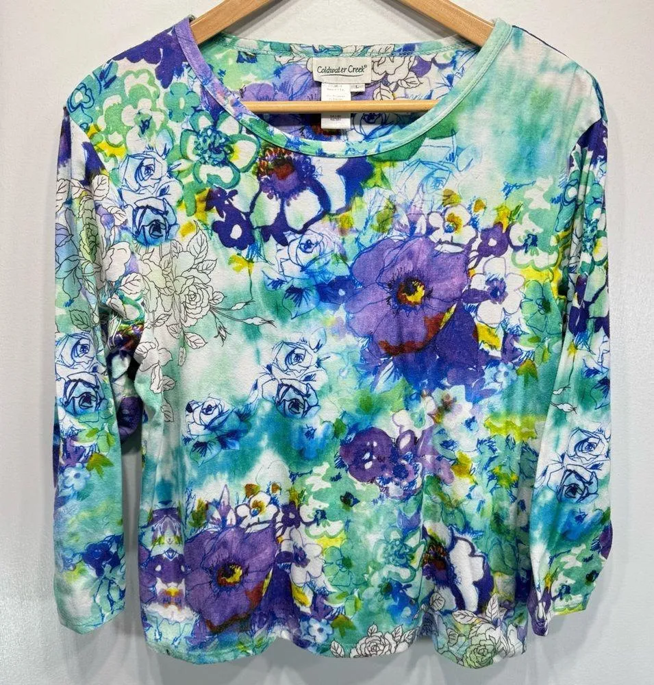 Artsy Colorful Floral Print 3/4 Sleeve Top Size Large - Image 2