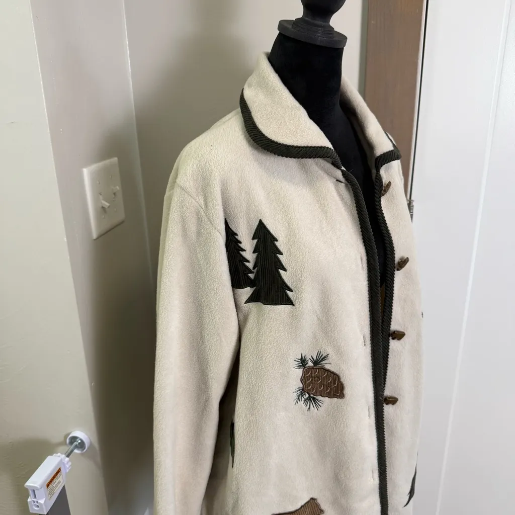 Vintage CJ Banks Button Down Sweater Jacket Cream Woodsy Animals Deer Trees XL Brown - Image 5