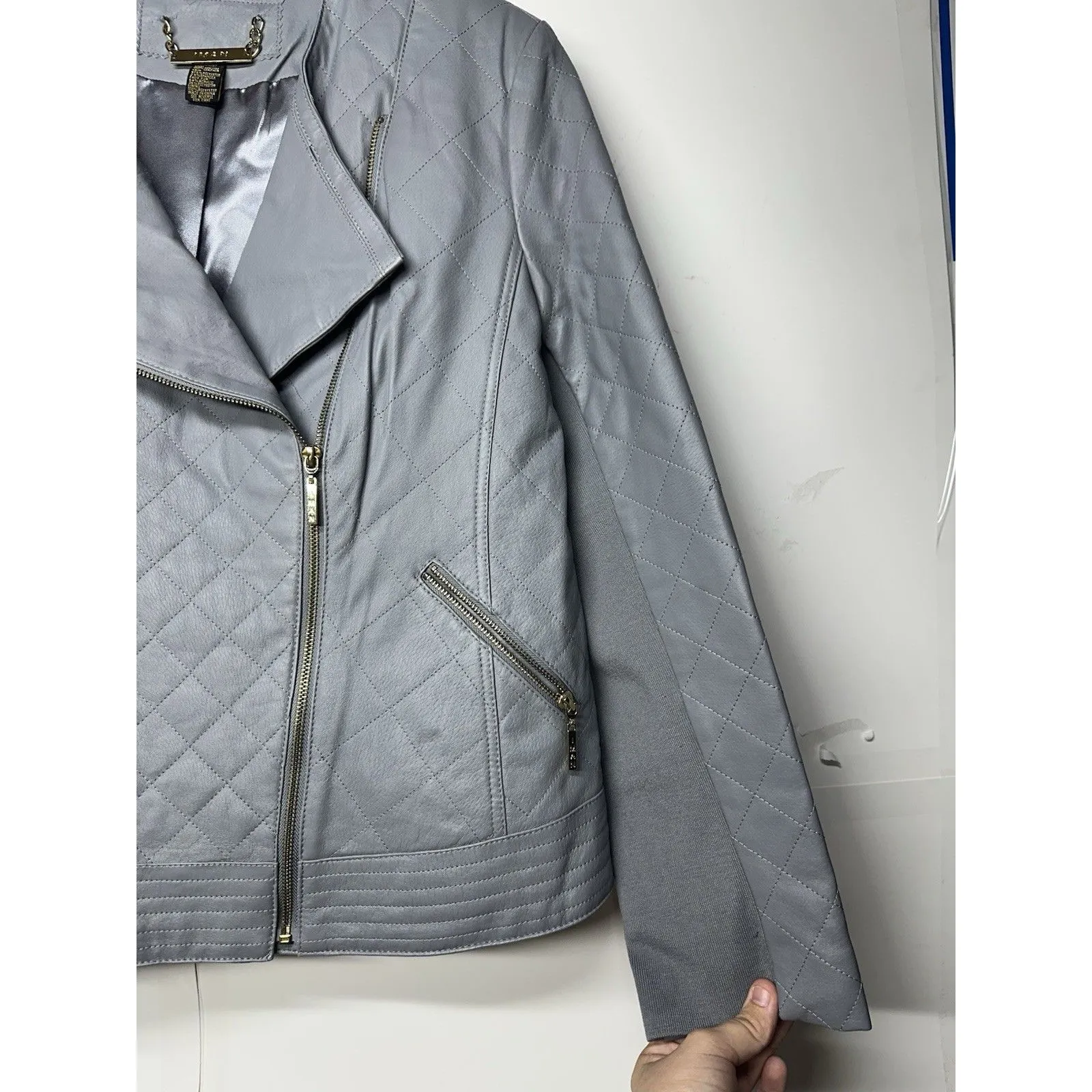 IMAN Women’s Genuine Leather Jacket Gray Size XL Quilted Zip Front Stylish Coat - Image 12