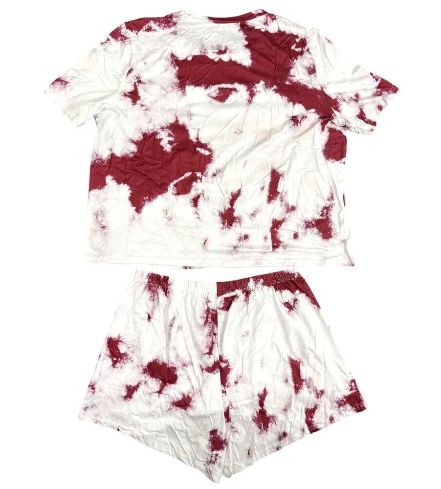 Woman's 2 Piece Top and Shorts Tie Dye Pajama Set in White/Red, Size XL - Image 2