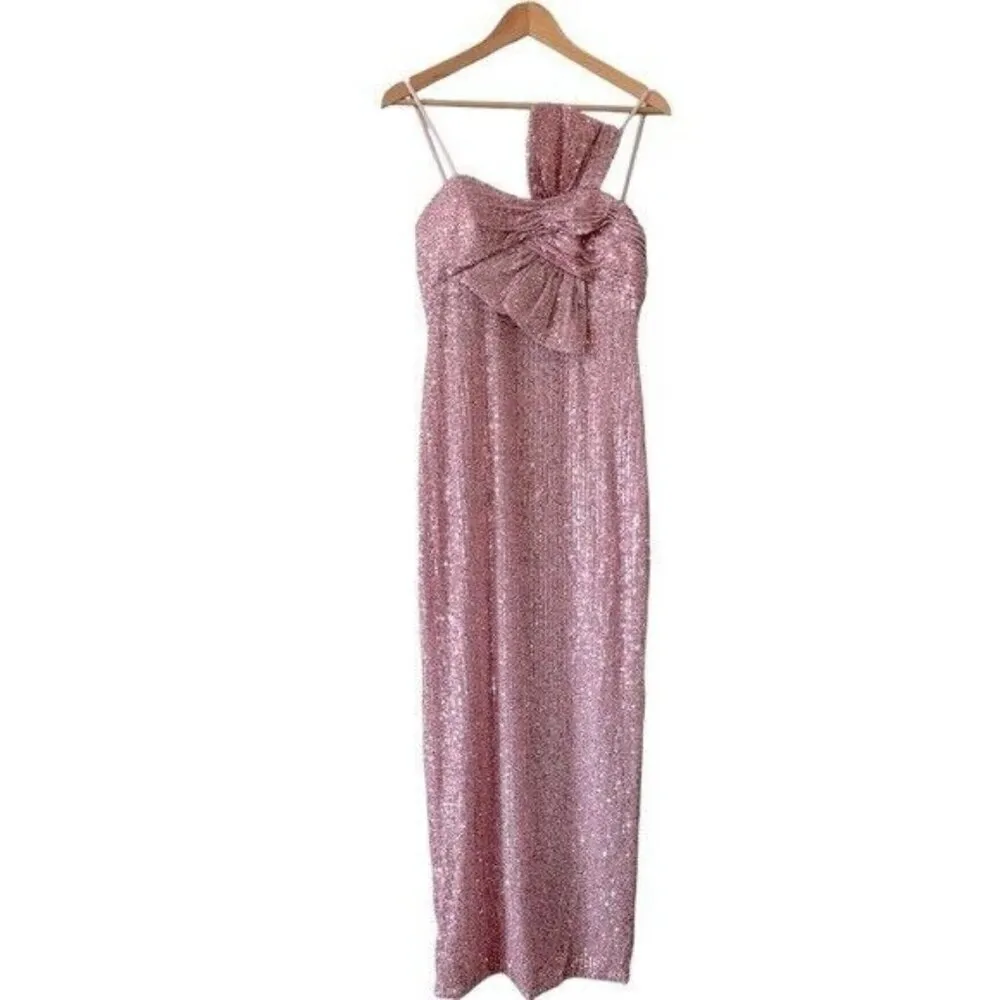 IEENA for MAC DUGGAL Sequined Faux Bow Column Gown Pink Sequin Size 6 NEW - Image 3