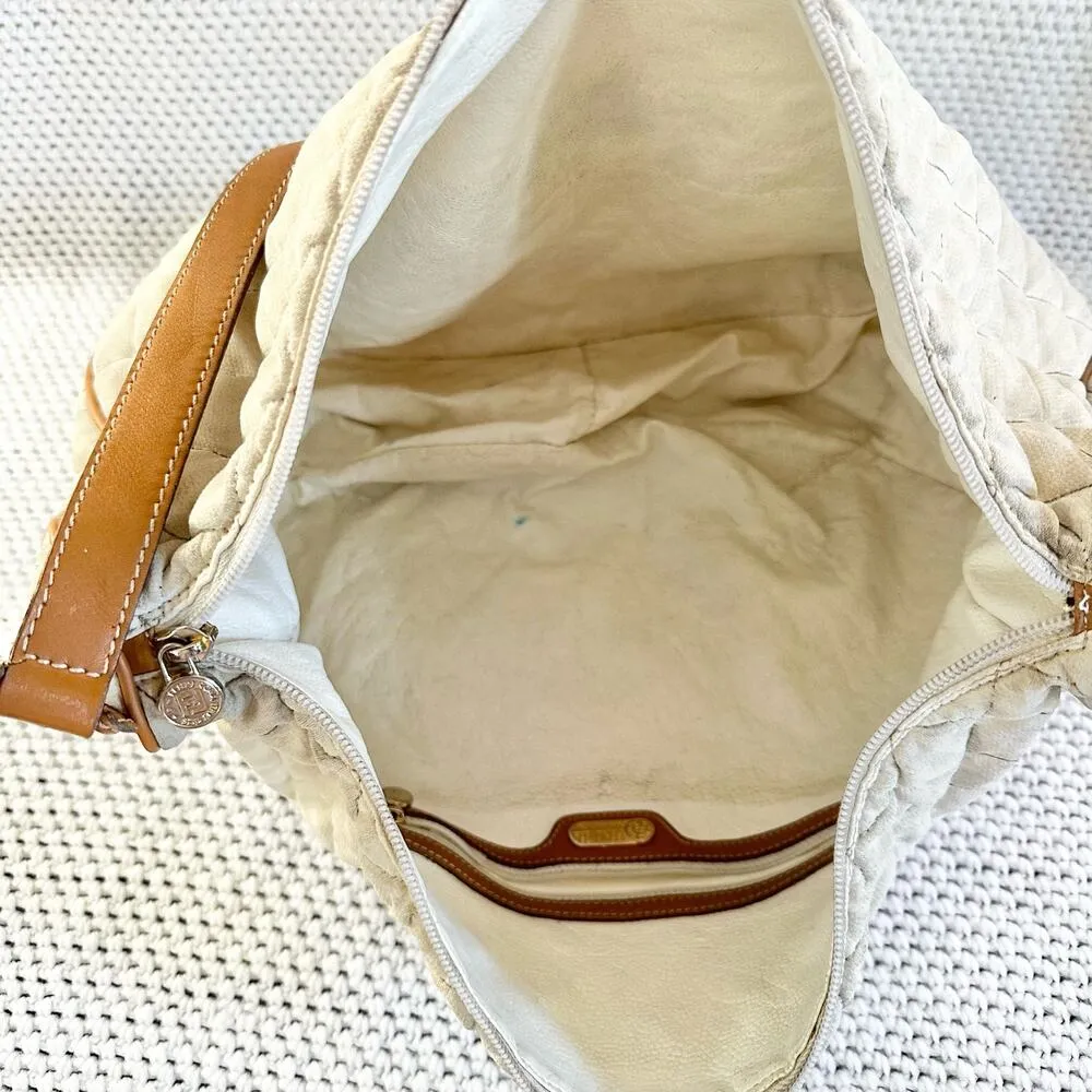 Fendi Vintage Cream White Quilted Faint Stripe Hobo Slouch Fabric Canvas Bag - Image 5