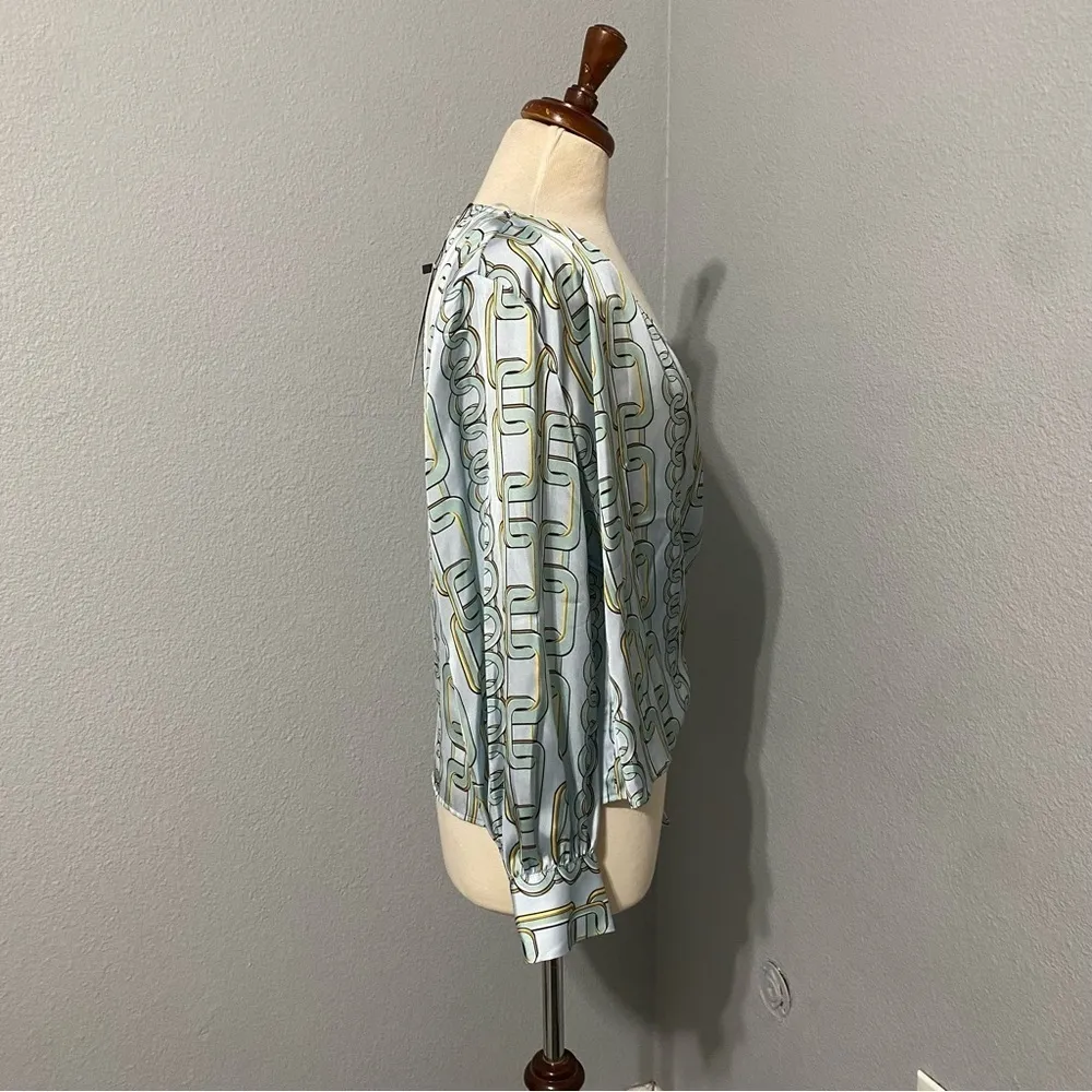 Zara New Sky Blue Chain‎ Print Long Balloon Sleeves Wrap Shirt Size L Holiday - Image 11