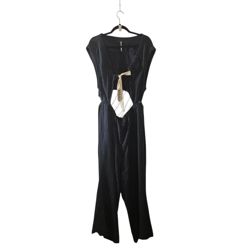 Free People Jumpsuit Cutout Tie Front Sleeveless Wide Leg Blue Size‎ L - Image 2