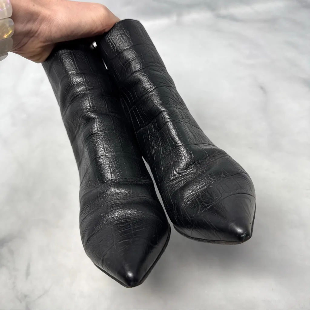 Saint Laurent Croc Pointed Toe Mid Height Stiletto Ankle Booties Boots Black 37 - Image 3