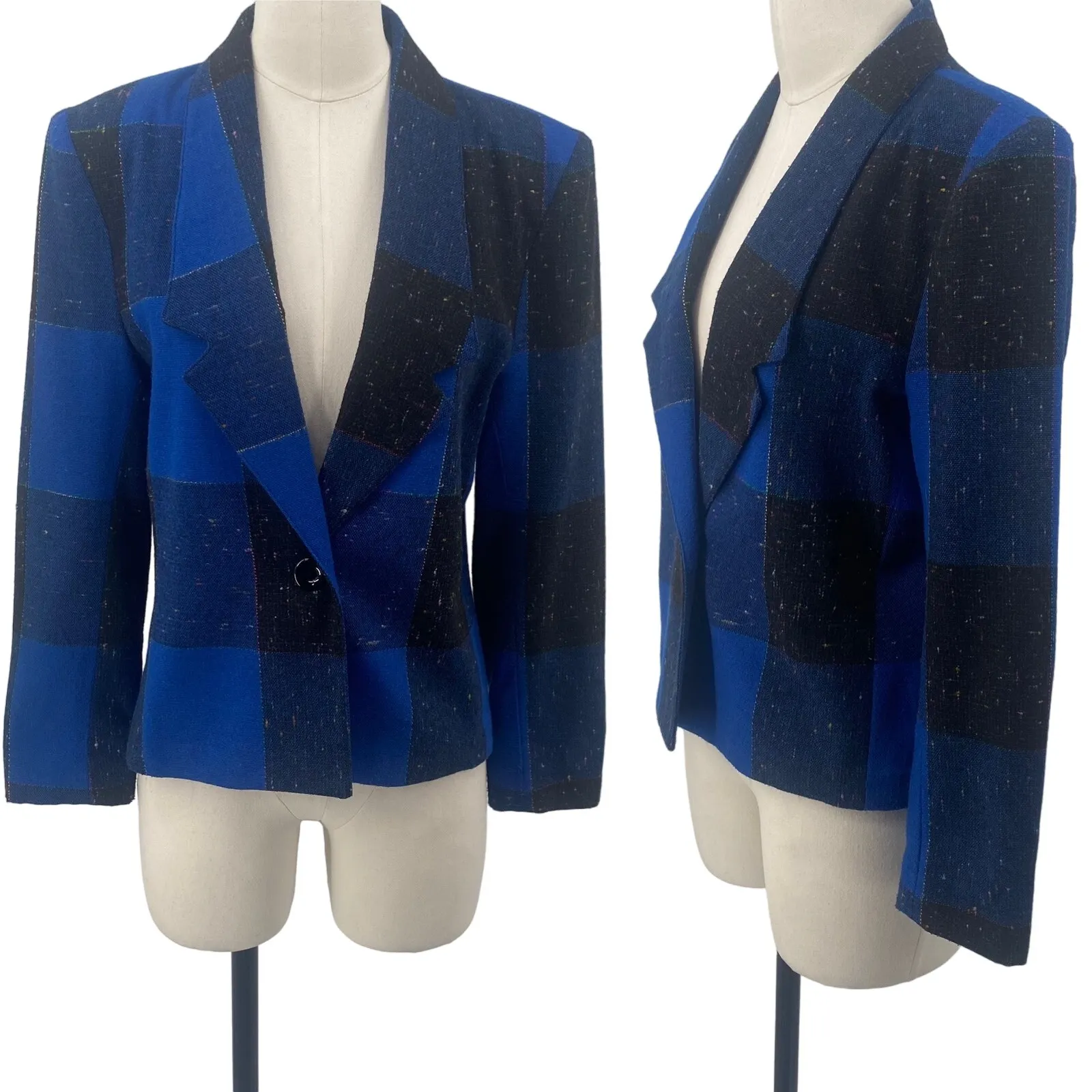 Vintage 80s Plaid Blazer Button Front Speckled Gingham Patterned Blue Womens M Size M - Image 2