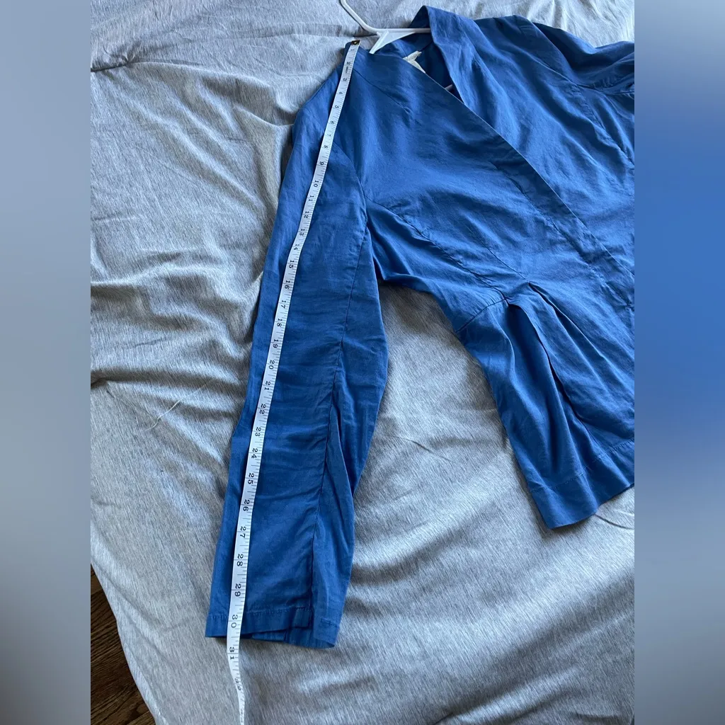 Eileen Fisher Organic Linen Blend Jacket L Stand Collar Zip Front Blue Peplum - Image 13