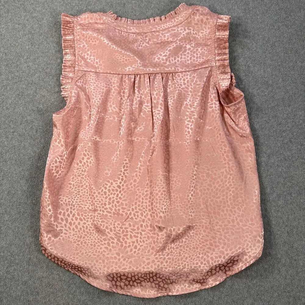Kori Satin Split Neck Blouse Women's Small Pink Ruffle Animal Print Sleeveless - Image 7
