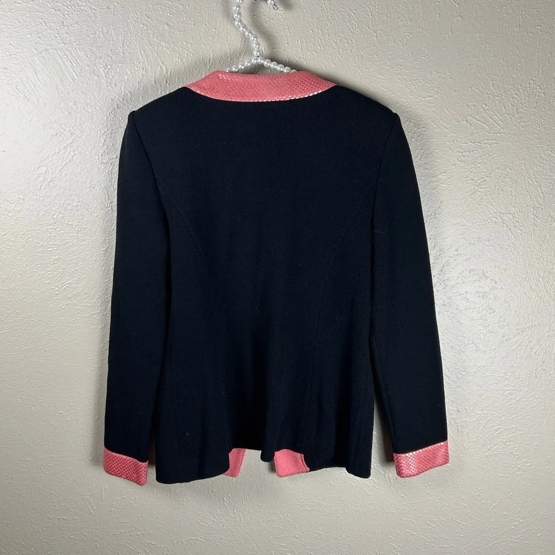 St.John Evening Size 4 Knit Blazer Black Pink Designer Quiet Luxury Cardigan - Image 8
