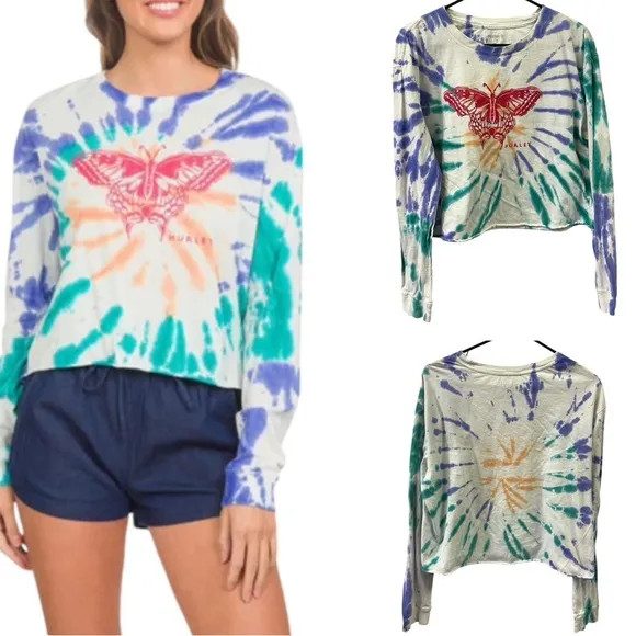 Hurley Cotton Papillon Butterfly Cropped Tie Dye Long Sleeve Tee Shirt Womens XL - Image 2