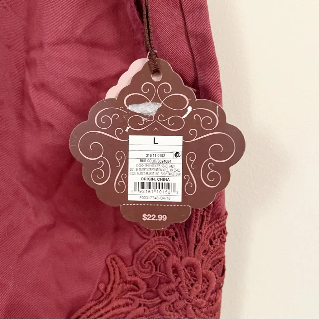 Knox Rose Burgundy Cut Off Drawstring Waist Shorts Size Large NEW Embroidered - Image 3