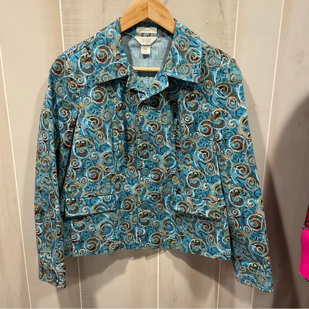Cute aqua swirl cotton canvas jacket pockets chunky buttton front stretch - Image 9