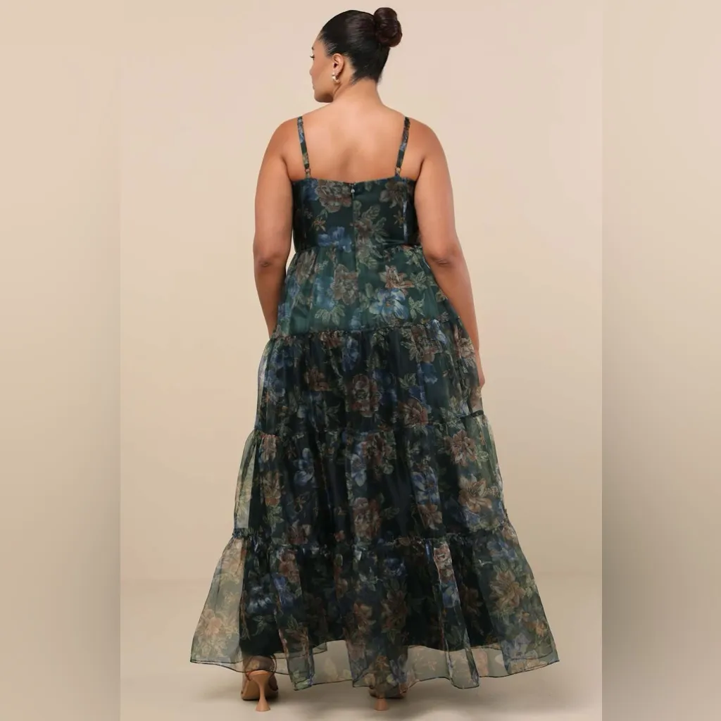 LULU’S Exclusive Glamour Green Floral Organza Tiered Maxi Dress - Image 10