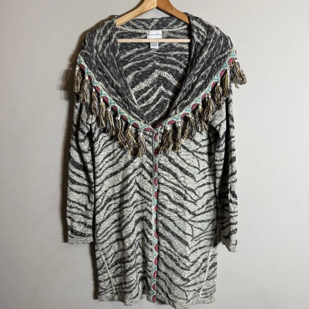 Soft Surroundings Zebra Print Fringe Knit Cardigan Sweater Women's Medium Shawl - Image 4