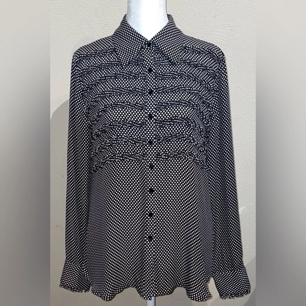 Anne Klein Women’s Size 6 Silk Black White Polka Dot Ruffle Blouse Long Sleeve - Image 3