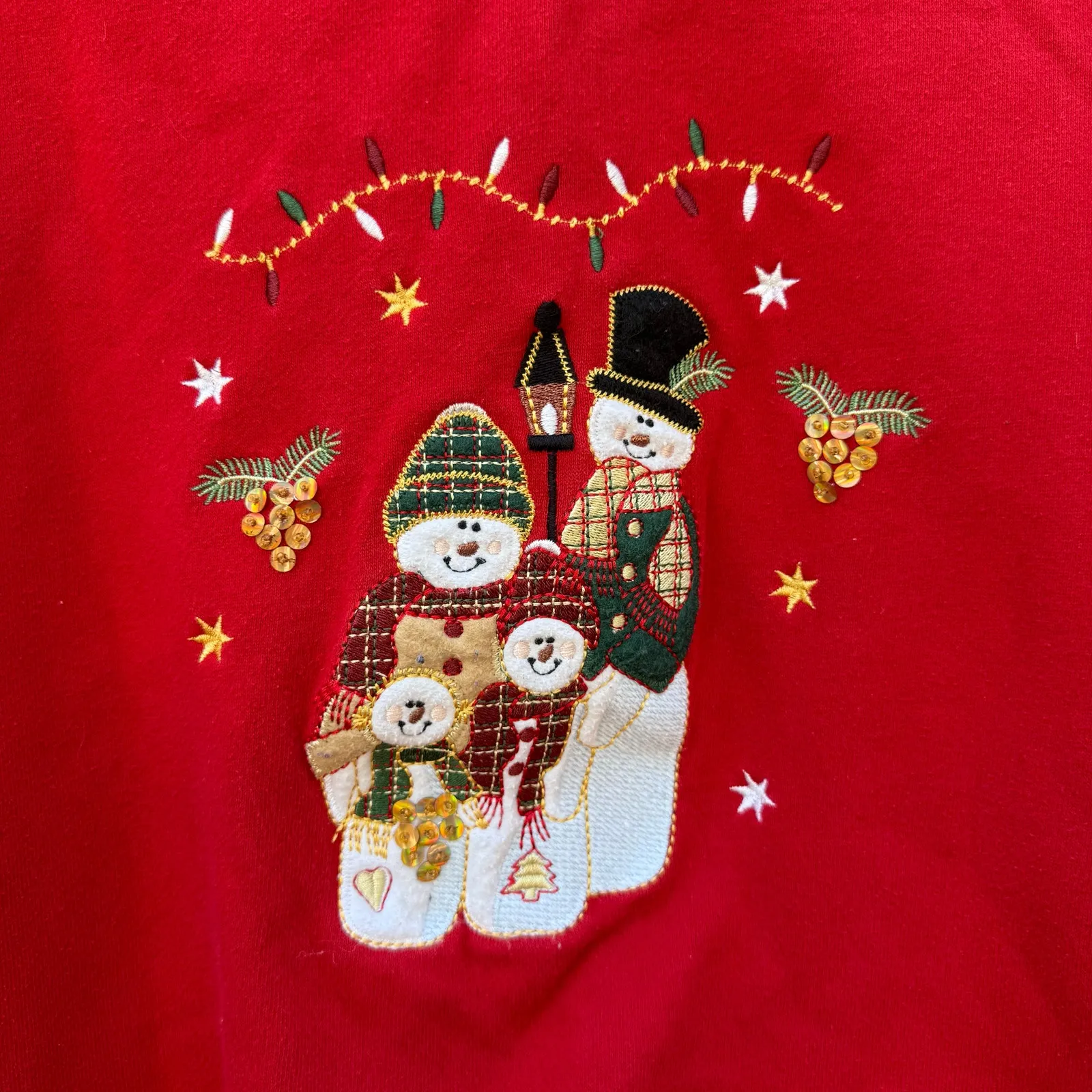 Vintage 90s Christmas Snowmen Winter Crewneck Sweatshirt Embroidered Red LARGE - Image 2