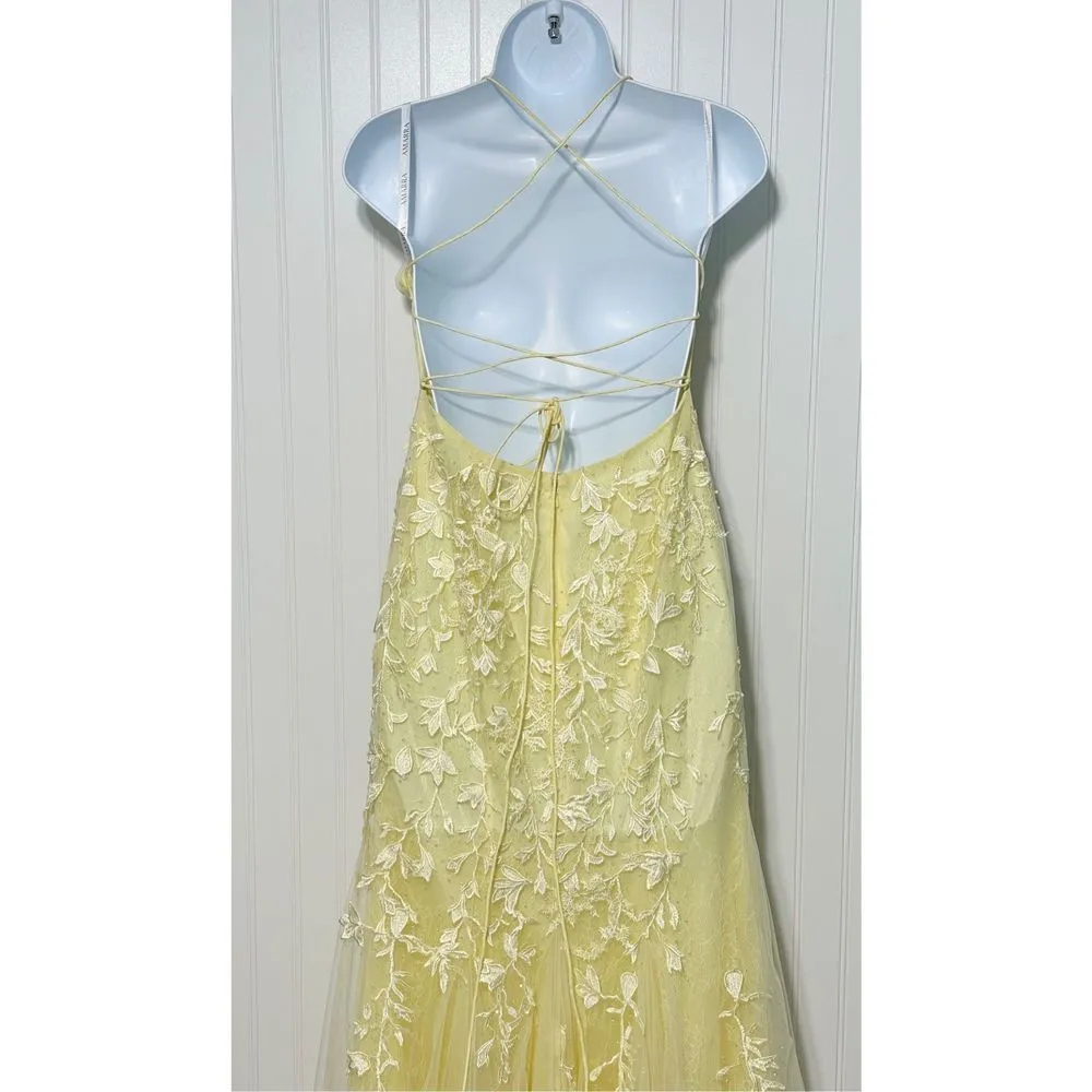 Amarra Yellow Floral Lace‎ Applique Spaghetti Strap Formal Gown Dress Size 2 - Image 3