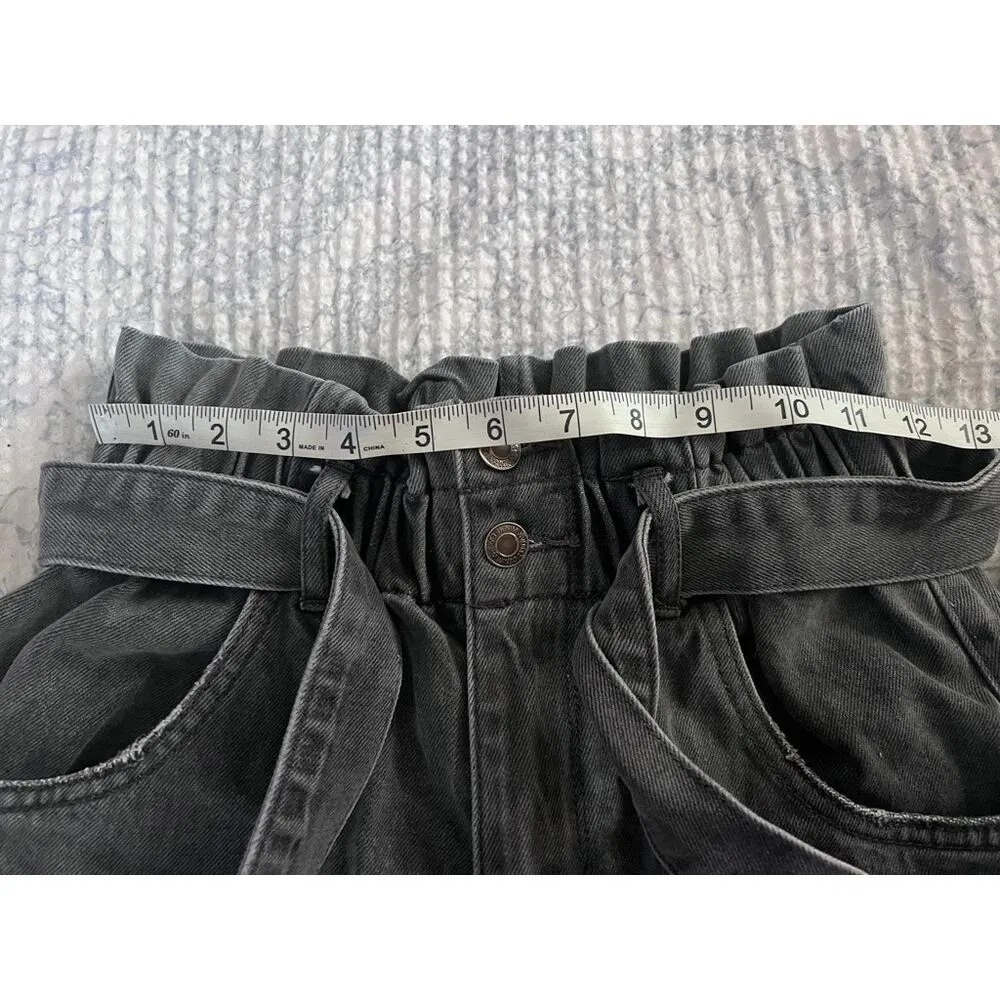 Vervet Black Denim Belted Paper Bag Elastic High Waist Shorts Size S Women's - Image 10
