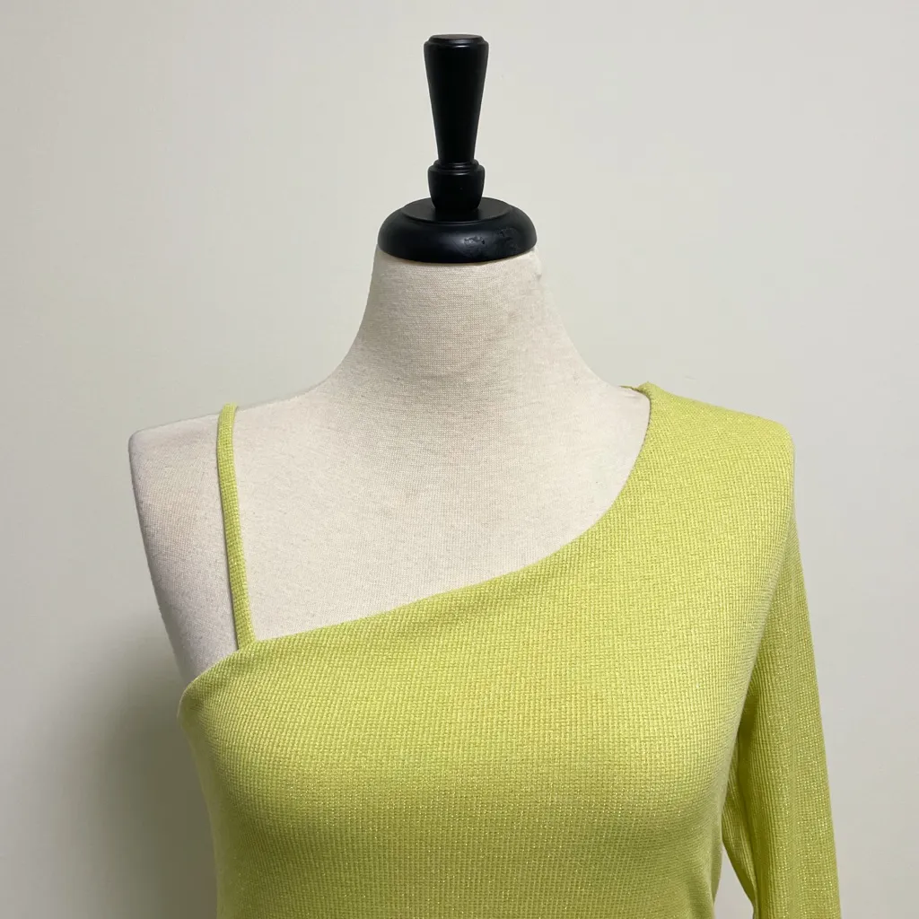 Sweet Rain Lime Silver One Shoulder Waffle Knit Top Metallic Silver Sparkles - Image 2